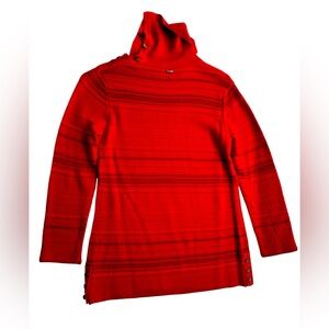 ST JOHN Lightweight Red Black Strip Turtleneck Button Sweater size P